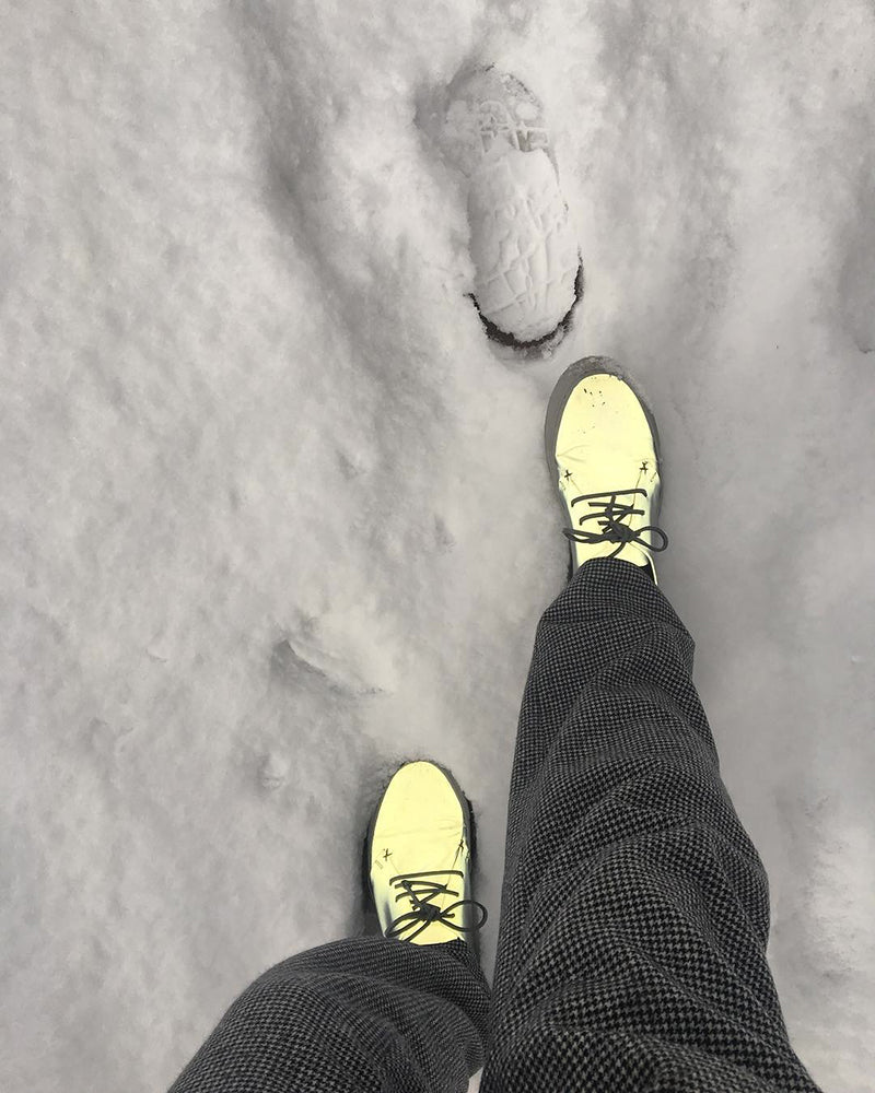 Jimmy Reflective Silver Sneaker Shoes Wearing in Snow by Graham Hollick Stitch by Stitch Instagram 