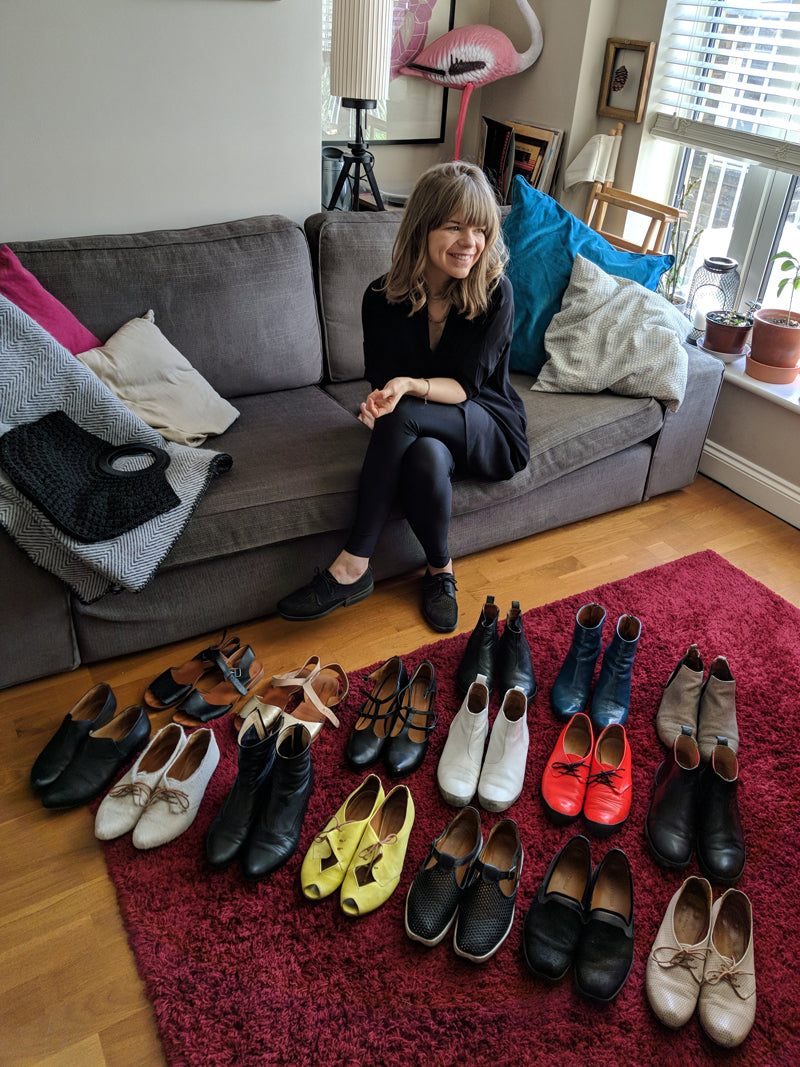 Tracey Neuls employee Annija at home in Peckham with her Tracey Neuls designer shoe collection in colourful, textured leathers