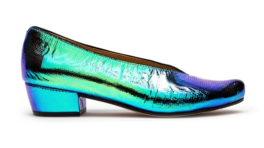 Beetlejuice reflective leather mid heel womens luxury shoe by designer Tracey Neulsshoe 