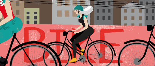 Illustration of a woman cyclist riding a bike in Tracey Neuls Ginger leather boots