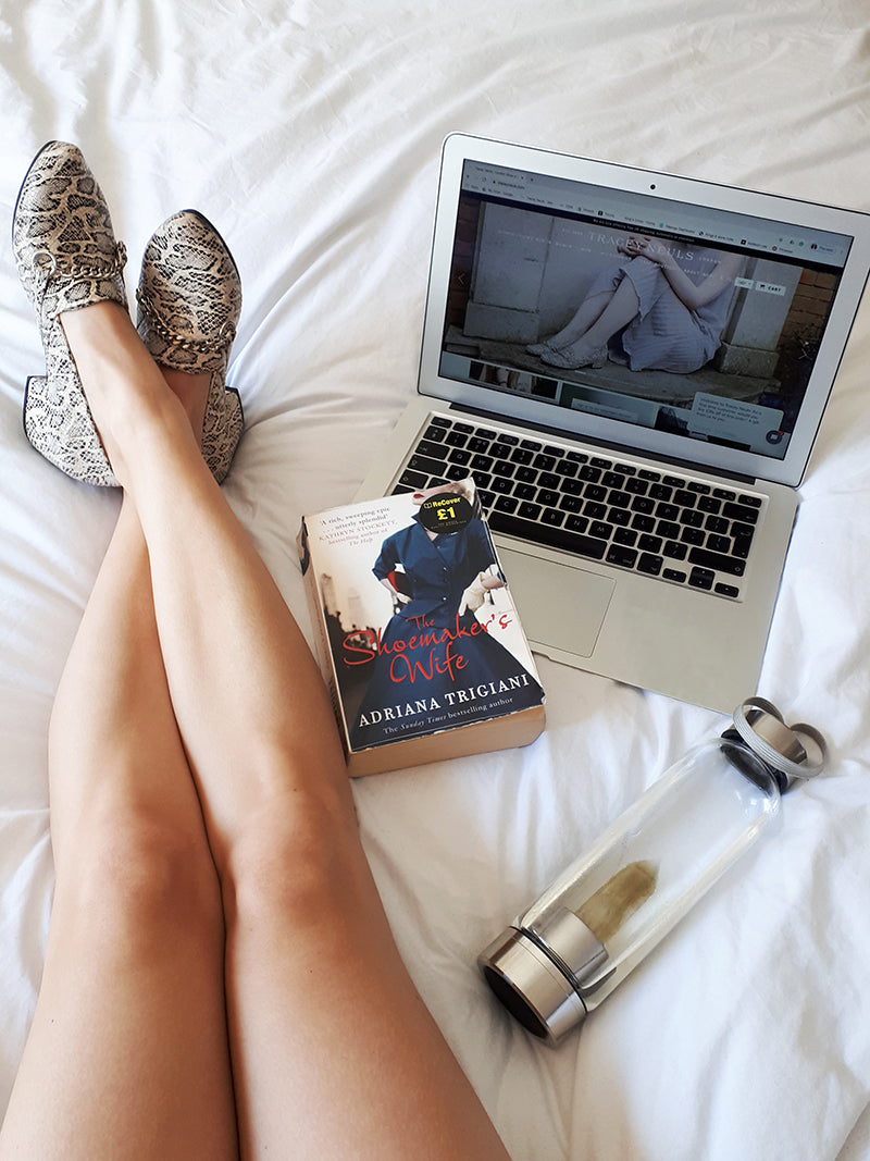 working at home with shoes in bed Tracey Neuls