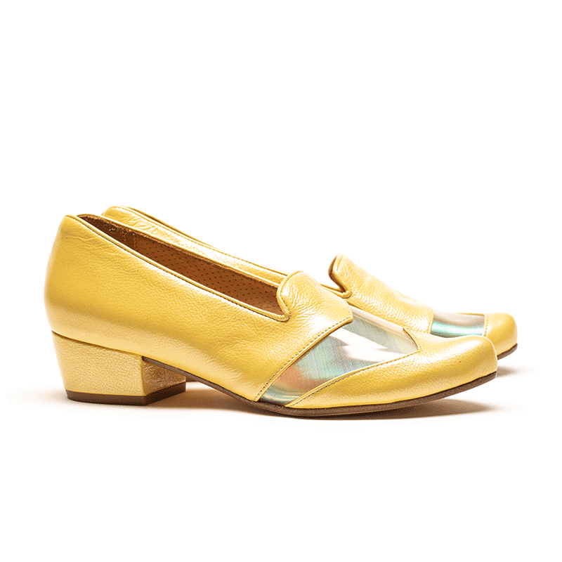 Yellow mid heel loafer with zig zag see through feature, by London designer Tracey Neuls