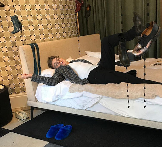 Kathryn Brenne vogue pattern editor on tracey neuls bed in shoe shop