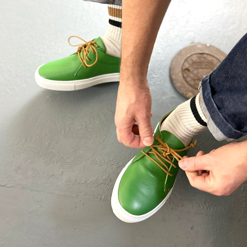 Green leather sneakers for men, London designer