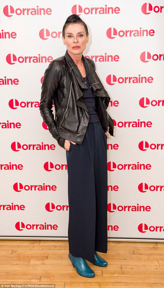 Pop star Lisa Stansfield press photo wearing Tracey Neuls Snug boots and leather biker jacket, on Lorraine show