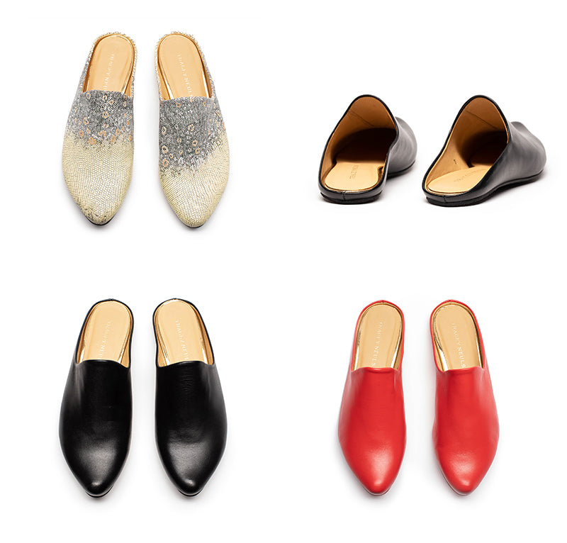 Women slip on mules in red, black, citrus yellow by footwear designer Tracey Neuls