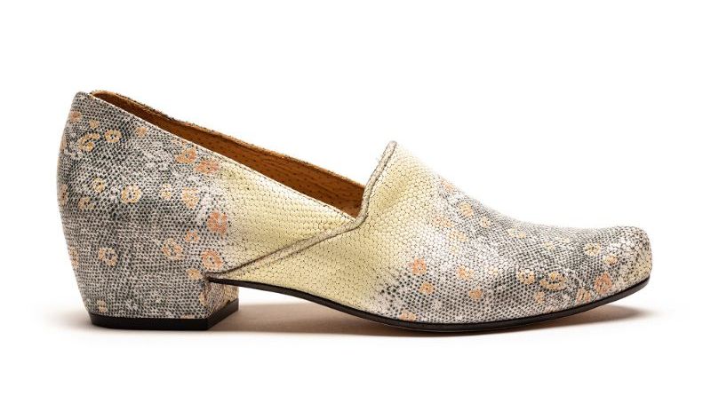 A lemon yellow floral printed leather mid heel shoe for women by designer Tracey Neuls