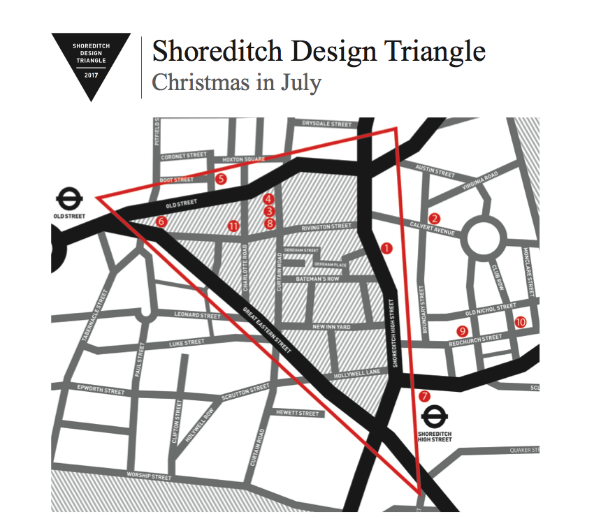A map of the Tracey Neuls Christmas Press event in July with Shoreditch Design Triangle