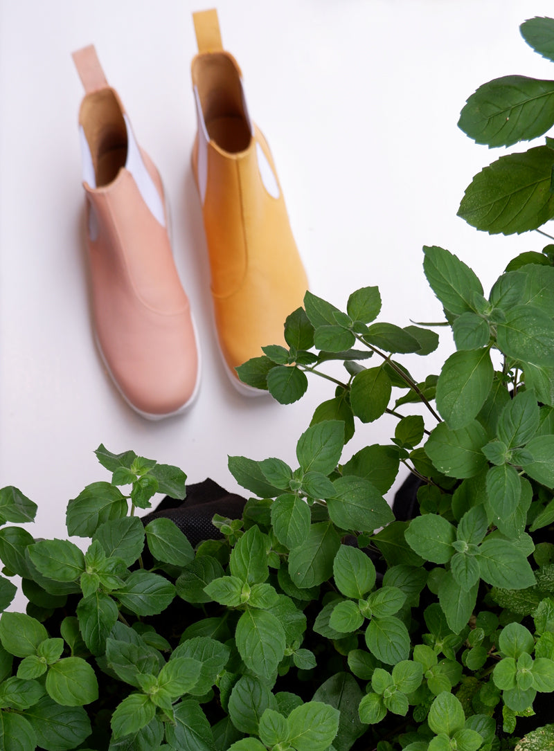 Tracey Neuls Marylebone. Jon chelsea boot in rose and yellow with mint plant.