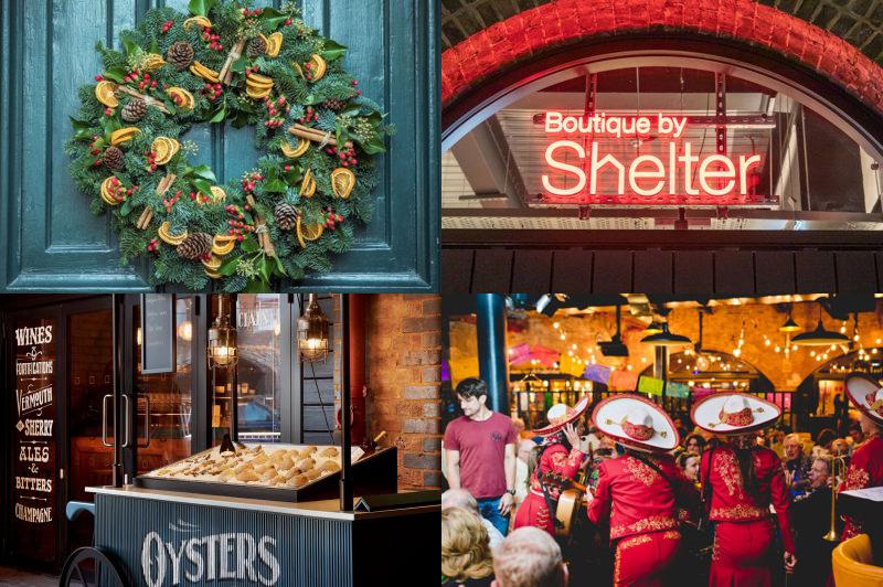 Image montage of festive events at Coal Drop's Yard, Kings Cross, London including wreath making, Mexican market and food and drink events
