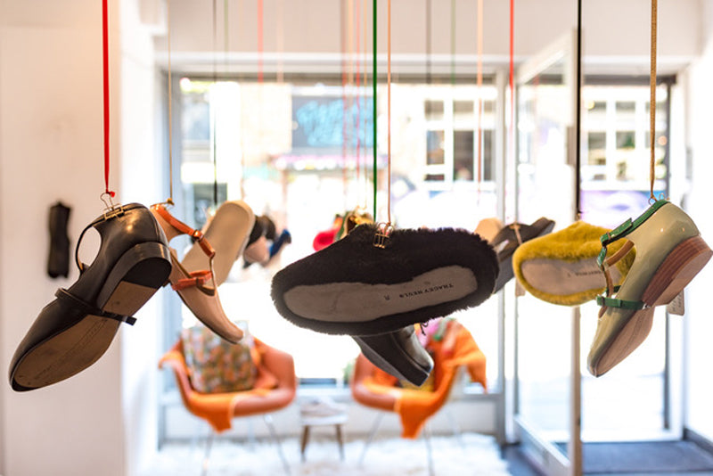 Hanging shoes inside the Tracey Neuls Boutique in East London
