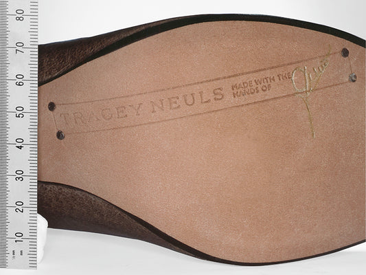 Ethical luxury leather soles of hand crafted designer shoes by Tracey Neuls, hand-signed by the artisan maker
