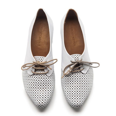 SS24 BOY White | Perforated Leather Lace Up Mid Heel Derbies